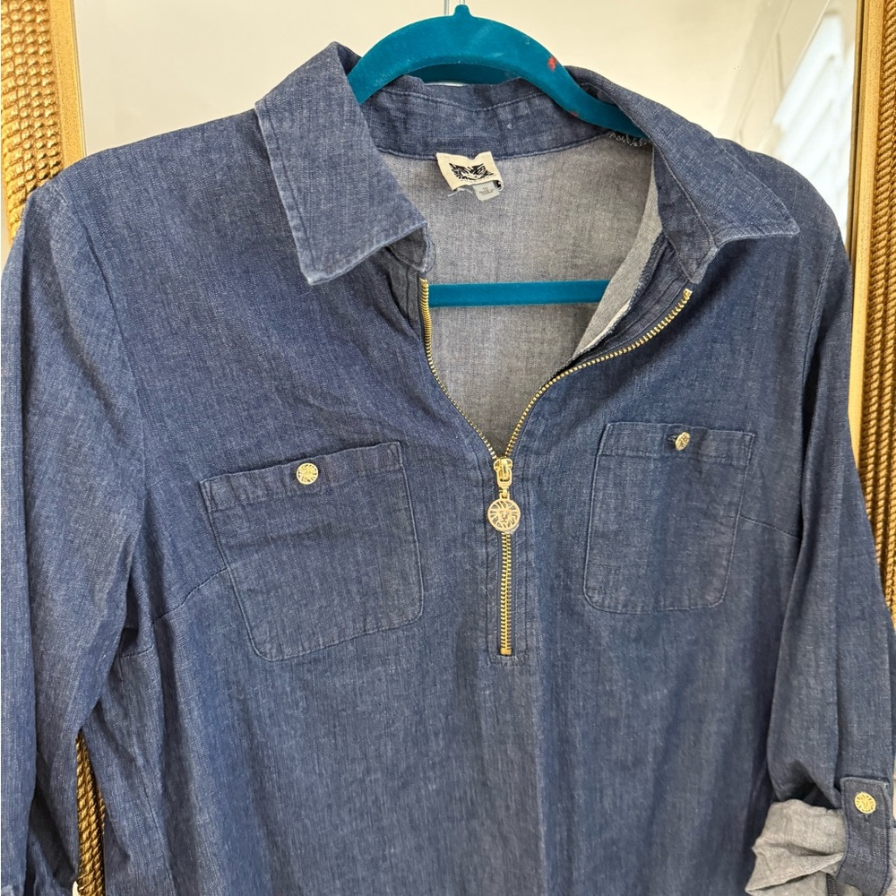 Anne Klein Blue Denim Dress with Gold Accents - Picture 3 of 8